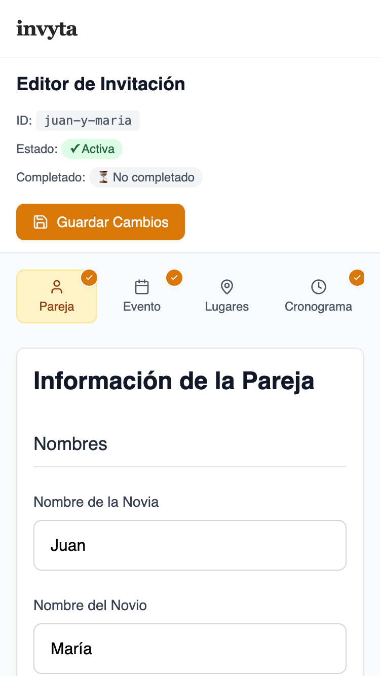 Panel de administración de boda